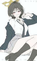  1girl ahoge art_program_in_frame black_choker black_hair black_jacket blue_archive blush brown_eyes buttons choker collared_shirt dress_shirt ear_piercing flat_color flipped_bangs fuyu_(blue_archive) grey_skirt grin half-closed_eyes halo highres ibispaint ibispaint_(medium) jacket long_sleeves loose_necktie miniskirt mole mole_under_eye multiple_piercings necktie open_clothes open_jacket pendant_choker piercing school_uniform shirt shirt_tucked_in short_hair simple_background single_off_shoulder skirt smile solo unbuttoned wa_sumi white_background white_shirt wing_collar winter_uniform wispy_bangs wolf_cut yellow_halo 