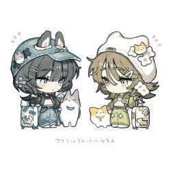  2girls animal_ears aqua_hat baseball_cap black_hair brown_hair chibi chibi_only closed_mouth dog dot_mouth ears_through_headwear full_body hair_ornament hairclip hat jacket looking_at_another midriff multiple_girls navel open_clothes open_jacket original pan-chan_(takaya_riku) pants rolling_suitcase standing suitcase takaya_riku white_hat 