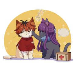  absurdres animal animal_ear_fluff animalization blank_speech_bubble blue_scarf cat closed_eyes clothed_animal commentary_request fern_(sousou_no_frieren) first_aid_kit gauze gauze_on_cheek half_updo highres j_humbo long_hair multicolored_hair no_humans purple_hair red_hair roots_(hair) scarf short_hair sidelocks signature sousou_no_frieren speech_bubble stark_(sousou_no_frieren) tearing_up torn_clothes violet_eyes 