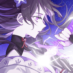  1girl blunt_bangs bridal_gauntlets clothing_cutout commentary drawing_sword electricity floating_hair flower flower_ornament from_above gem genshin_impact glowing glowing_eyes glowing_sword glowing_weapon gradient_background gradient_hair hair_floating_upwards holding holding_sword holding_weapon human_scabbard japanese_clothes kimono mitsudomoe_(shape) mole mole_under_eye mole_under_mouth momonga_damon multicolored_hair musou_isshin_(genshin_impact) neck_ribbon off_shoulder open_mouth puffy_sleeves purple_background purple_flower purple_hair purple_kimono purple_nails purple_sky raiden_shogun red_ribbon ribbon shoulder_cutout sky solo star_(sky) starry_sky streaked_hair sword sword_between_breasts tomoe_(symbol) upper_body violet_eyes weapon 