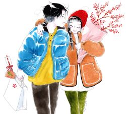  1boy 1girl 2025 arm_around_shoulder arrow_(projectile) bag beanie black_eyes black_hair black_pants blue_jacket blush bouquet braid cable_knit chinese_zodiac closed_eyes collared_shirt colored_skin commentary down_jacket emamemamo33 green_pants grey_nails hat hatsumoude highres holding holding_bouquet jacket looking_at_another nail_polish new_year orange_jacket original pants paper_bag pom_pom_(clothes) pom_pom_beanie red_bean shirt shopping short_hair simple_background single_braid traditional_media white_background white_bag white_shirt white_skin year_of_the_snake 