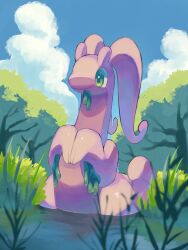  blue_sky closed_mouth colored_skin dragon goodra green_eyes highres no_humans outdoors p9kfxaofqi54546 pokemon pokemon_(creature) pokemon_focus pond purple_skin sky slime_(substance) smile solo tail tree water 