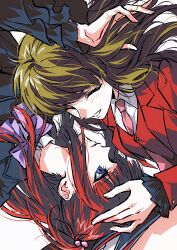  2girls absurdres ako_(eanaaati1) beads black_jacket blue_eyes blunt_bangs bow bowtie brown_hair closed_eyes floating_hair frilled_sleeves frills hair_beads hair_ornament hand_in_another&#039;s_hair highres jacket looking_at_another mammon_(umineko) multiple_girls necktie parted_lips pink_necktie portrait purple_bow purple_bowtie red_jacket red_vest rotational_symmetry short_twintails smile striped_blush twintails umineko_no_naku_koro_ni ushiromiya_ange vest wide_sleeves yuri 