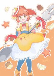  1girl absurdres arle_nadja blue_pantyhose brooch commentary_request curry detached_sleeves dress food food-themed_hat giant_spoon gloves hat highres holding holding_spoon jazz_grace jewelry mini_hat official_alternate_costume onion overskirt pantyhose ponytail puffy_detached_sleeves puffy_sleeves puyopuyo puyopuyo_quest red_hair red_ribbon ribbon see-through_clothes see-through_overskirt shoes sidelocks signature solo spoon star_(symbol) two-tone_background veil white_dress wrist_cuffs yellow_eyes yellow_gloves 