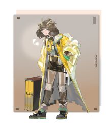  1girl aqua_gloves arknights belt_pouch black_shoes black_shorts blush briefcase brown_hair coat english_text feather_hair full_body gloves grey_shirt hair_bun hand_on_own_hip hazmat_suit heavy_breathing high_collar highres holding holding_briefcase i_sleepingnow id_card lanyard leaning_forward long_sleeves looking_at_viewer official_alternate_costume open_clothes open_coat open_mouth outside_border pants pouch rhine_lab_logo see-through_clothes see-through_pants shirt shoes shorts sideways_glance silence_(arknights) silence_(lacquer)_(arknights) solo standing sweat test_tube wide_sleeves yellow_coat 