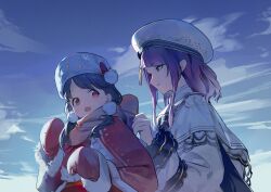  2girls capelet commentary_request diagonal_bangs fang fukumaru_koito fur_hat hat highres idolmaster idolmaster_shiny_colors idolmaster_shiny_colors_song_for_prism long_sleeves low_twintails mittens multiple_girls official_art papakha purple_hair red_eyes red_mittens scarf shirt skin_fang swept_bangs tanaka_mamimi twintails upper_body violet_eyes white_hat white_shirt zhili_xingzou 