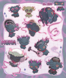  :d absurdres alternate_color beads border closed_eyes clothed_pokemon colored_sclera commentary_request doll grey_border grid_background hat highres kurineme misdreavus monocle multiple_views nail_(hardware) no_humans open_mouth pink_eyes pink_ribbon pokedex_number pokemon pokemon_(creature) pokemon_focus ribbon shiny_pokemon smile smoke smoking_pipe yellow_sclera 