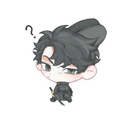  1boy :/ ? animal_ears black_coat black_eyes chibi chibi_only coat full_body half-closed_eye highres kemonomimi_mode looking_back omniscient_reader&#039;s_viewpoint open_clothes open_coat owlaoao rabbit_ears rabbit_tail scabbard sheath solo tail yoo_joonghyuk 