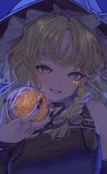  1girl absurdres armpit_crease bare_shoulders belt black_belt black_choker black_hat black_nails black_shirt black_sleeves blonde_hair blue_background blue_eyes braid choker commentary criss-cross_straps detached_sleeves frilled_hat frills grey_ribbon grin hair_ribbon hand_up hat highres holding holding_pumpkin jewelry kirisame_marisa long_hair looking_at_viewer multiple_rings nail_ornament o-ring o-ring_choker portrait pumpkin ribbon ring shirt side_braid simple_background smile solo star_(symbol) star_sticker sticker sticker_on_face symbol-only_commentary torinari_(dtvisu) touhou wavy_hair witch_hat 