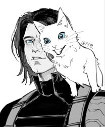  1boy allie_lynee animal animal_ears animal_nose animal_on_shoulder artist_name blue_eyes blue_sclera bodysuit bucky_barnes captain_america:_the_winter_soldier captain_america_(series) cat cat_ears colored_sclera fangs greyscale highres looking_at_viewer marvel monochrome one_eye_covered pet prosthesis prosthetic_arm short_hair simple_background smile teeth upper_body winter_soldier 