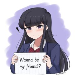  ! 1girl absurdres black_eyes black_hair blue_jacket blush bow bowtie closed_mouth commentary cropped_torso diagonal-striped_bow diagonal-striped_bowtie diagonal-striped_clothes dot_mouth english_text highres holding holding_paper itan_private_high_school_uniform jacket komi-san_wa_komyushou_desu komi_shouko long_hair long_sleeves looking_at_viewer paper purple_background red_bow red_bowtie school_uniform solo striped_bow striped_bowtie striped_clothes swept_bangs white_background yukaraishin 