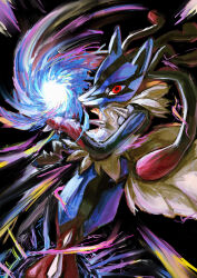  1boy absurdres animal_ears artist_name aura_sphere_(pokemon) black_fur blue_fur body_fur commentary_request energy_ball furry furry_male glowing hands_up highres kotorun_ahyo looking_at_viewer lucario male_focus mega_lucario mega_pokemon multicolored_fur partial_commentary pokemon pokemon_(creature) pokemon_move powering_up red_eyes red_fur signature snout solo spikes standing twitter_username wide-eyed wolf_boy wolf_ears yellow_fur 