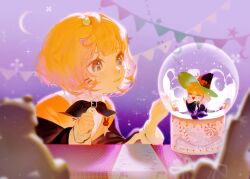  2girls ahoge aqua_eyes beads bell blonde_hair blurry blush bunting cardigan commission depth_of_field english_commentary glasses hair_beads hair_ornament hat highres in_snow_globe jacket jacket_partially_removed jingle_bell meimei1757451 millie_parfait millie_parfait_(1st_costume) mini_person minigirl multiple_girls neck_bell nijisanji nijisanji_en nose_blush off_shoulder orange_cardigan second-party_source short_hair sparkle stuffed_animal stuffed_toy virtual_youtuber witch_hat 