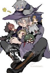 1boy alternate_costume asaba_harumasa black_boots black_hair black_pants blonde_hair blue_hair boots character_doll closed_mouth commentary_request doll finger_to_mouth furry green_eyes green_hair grey_hair grey_shirt grey_tail hair_between_eyes halloween_costume hat highres holding holding_doll hugo_vlad komano_manato lace-up_boots large_hat lighter_(zenless_zone_zero) looking_at_viewer male_focus multicolored_hair one_eye_closed onisotohukuuti pants pentagram purple_robe red_hair red_scarf robe scarf seth_lowell shirt short_hair shushing simple_background sitting smile solo sunglasses twitter_username von_lycaon white_background white_hair wise_(zenless_zone_zero) witch_hat zenless_zone_zero 