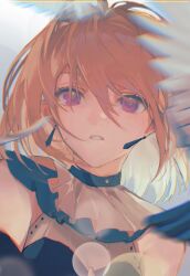  1girl absurdres bang_dream! bang_dream!_it&#039;s_mygo!!!!! blonde_hair blurry blurry_foreground breasts chinese_commentary chromatic_aberration commentary_request doloris_(bang_dream!) earrings hair_between_eyes highres jewelry lens_flare looking_at_viewer medium_hair misumi_uika parted_lips portrait solo violet_eyes zeko 