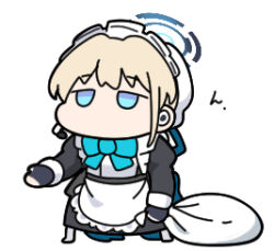  1girl apron black_dress black_gloves blonde_hair blue_archive blue_bow blue_eyes bow chibi commentary_request dress empty_eyes fingerless_gloves full_body gloves grey_pantyhose halo hat headset holding holding_sack jitome juliet_sleeves long_sleeves lowres maid maid_headdress mob_cap no_shoes nyaru_(nyaru_4126) pantyhose puffy_sleeves sack simple_background solo standing toki_(blue_archive) white_apron white_background 