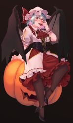  1girl absurdres ascot bat_wings black_background black_corset black_pantyhose breasts corset fangs fingernails frilled_cuffs frilled_skirt frilled_sleeves frills hair_between_eyes hands_up hat hat_ribbon high_heels highres jack-o'-lantern jackyyeah licking_own_finger medium_breasts mob_cap nail_polish on_pumpkin oversized_object pantyhose pointy_ears puffy_short_sleeves puffy_sleeves purple_hair red_ascot red_eyes red_nails red_ribbon red_skirt remilia_scarlet ribbon sharp_fingernails shirt short_hair short_sleeves simple_background skirt sleeve_slit solo tongue tongue_out touhou variant_set white_hat white_shirt wings wrist_cuffs 