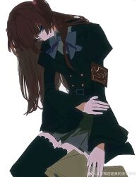  1girl absurdres armband beads black_jacket blue_bow blue_bowtie blue_eyes bow bowtie facing_down frown full_body grey_skirt hair_beads hair_ornament half_updo hand_on_own_arm highres jacket kneeling looking_at_viewer puffy_sleeves red_armband red_hair shiqian_(kadkykhbvk) skirt solo twintails umineko_no_naku_koro_ni ushiromiya_ange wide_sleeves 