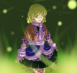  1girl arm_warmers black_shirt black_skirt blonde_hair brown_shirt commentary_request cowboy_shot green_background green_eyes guang looking_at_viewer mizuhashi_parsee open_mouth pink_scarf raised_eyebrows scarf shirt short_hair short_sleeves skirt smile solo touhou undershirt 