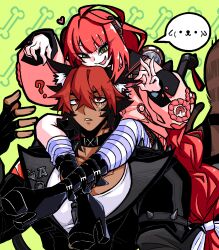  1boy 1girl 1other ? animal animal_ear_fluff animal_ears animal_on_back black_boots black_gloves black_hair black_jacket bone_print boots cardigan carrying collar collarbone commentary commentary_request crossed_legs dog_boy dog_ears fangs fingerless_gloves gloves green_background green_eyes hair_between_eyes hair_ornament hearing_aid heart highres jacket kamanosuke_(zenless_zone_zero) komano_manato long_hair looking_at_another looking_up low_twintails multicolored_hair multiple_scars muscular muscular_male open_mouth pectorals pink_cardigan playing_with_another's_ears raccoon red_eyes red_hair russian_commentary scar scar_across_eye scar_on_chest scar_on_face shirt short_hair shoulder_carry socks sol_mc13 sphere_hair_ornament spiked_jacket spoken_symbol striped_clothes striped_socks tanuki twintails ukinami_yuzuha upper_body white_shirt zenless_zone_zero 