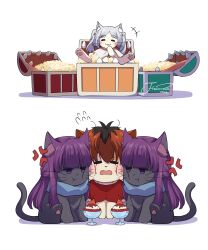  :t absurdres anger_vein animal animalization black_hair cat clone clothed_animal commentary fern_(sousou_no_frieren) flying_sweatdrops food frieren grey_hair highres ice j_humbo long_hair mimic mimic_chest multicolored_hair no_humans popcorn pout purple_hair red_hair simple_background sousou_no_frieren stark_(sousou_no_frieren) symbol-only_commentary treasure_chest two-tone_hair violet_eyes white_background 