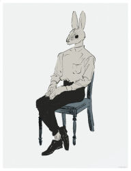  1boy black_eyes body_fur chair crossed_ankles full_body furry furry_male grey_background grey_fur male_focus nagabe original rabbit_boy shirt simple_background sitting solo 
