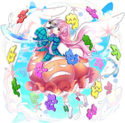  1girl alternate_costume aqua_shirt boots bow bowtie footwear_bow game_cg green_bow hata_no_kokoro highres holding holding_mask long_hair long_sleeves looking_at_viewer mask official_art open_mouth orange_skirt pink_wings purple_bow purple_bowtie rotte_(1109) shirt skirt solo third-party_source touhou touhou_lostword transparent_background very_long_hair white_boots wide_sleeves wings 