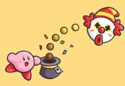  +_+ ace_(playing_card) ace_of_spades blush_stickers cado_(cadoart) card clown clown_nose colored_skin confetti copy_ability hat highres holding holding_unworn_clothes holding_unworn_hat kirby kirby_(series) magic_kirby no_humans pink_skin playing_card simple_background solo spade_(shape) unworn_hat unworn_headwear yellow_background 