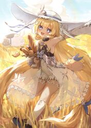  +_+ 1girl :d absurdres armpits blonde_hair breasts commentary_request detached_sleeves dress duet_night_abyss filbert_(duet_night_abyss) food hat highres long_hair looking_at_viewer nekoplanetouo open_mouth pig small_breasts smile teeth truffle_(duet_night_abyss) upper_teeth_only very_long_hair white_hat 