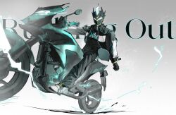  1boy black_gloves black_helmet black_jacket black_pantyhose black_shirt boots e-soul_(to_be_hero_x) facing_viewer fake_horns full_body gloves grey_background helmet highres horned_helmet horns jacket jingfngyny80992 male_focus motor_vehicle motorcycle on_motorcycle pantyhose print_shirt shirt solo superhero_costume to_be_hero to_be_hero_x 