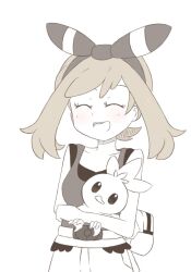  bike_shorts bike_shorts_under_shorts black_tank_top bow_hairband brown_hair chocomiru closed_eyes fanny_pack hairband holding may_(pokemon) open_mouth pokemon pokemon_oras red_tank_top short_hair shorts smile tank_top torchic white_background 