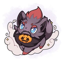  absurdres animal_focus black_fur blue_eyes closed_mouth full_body halloween_bucket highres holding no_humans pokemon pokemon_(creature) pokemon_focus red_fur sevi_(seviyummy) smile solo star_(symbol) zorua 