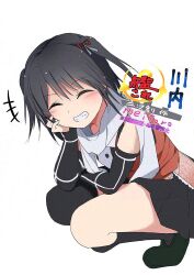  +++ 1girl artist_name asymmetrical_legwear black_hair black_neckerchief black_skirt buttons character_name copyright_name double-breasted elbow_gloves fingerless_gloves gloves grin kantai_collection kneehighs meitoro neckerchief one-hour_drawing_challenge orange_shirt pleated_skirt scarf school_uniform sendai_(kancolle) sendai_kai_ni_(kancolle) serafuku shirt short_hair simple_background single_kneehigh single_sock skirt sleeveless sleeveless_shirt smile socks solo squatting two_side_up uneven_legwear white_background white_scarf 