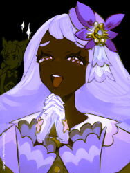  2girls :d brown_eyes commentary dark-skinned_female dark_skin eyelashes gloves hair_ornament half-closed_eyes hands_up happy highres interlocked_fingers jacinthe_(pokemon) lebanne_(pokemon) long_sleeves looking_up mayotsunamayo multiple_girls open_mouth own_hands_together pokemon pokemon_legends:_z-a smile sparkle teeth tongue twitter_username upper_teeth_only watermark 