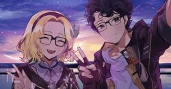  1boy 1girl analesa_fisher artist_name black_eyes black_gloves black_hair black_jacket blonde_hair caelus_(honkai:_star_rail) caelus_(honkai:_star_rail)_(cosplay) caleb_yen cosplay derivative_work fingerless_gloves firefly_(honkai:_star_rail) firefly_(honkai:_star_rail)_(cosplay) glasses gloves hair_ornament hairband highres honkai:_star_rail honkai_(series) jacket kanako_(fuwachu) long_sleeves open_mouth screenshot_redraw selfie shirt short_hair signature sky smile star_(sky) starry_sky sunset trailblazer_(honkai:_star_rail) v voice_actor_connection white_shirt 