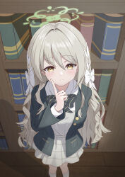  1girl absurdres blue_archive bow bowtie braid diagonal-striped_bow diagonal-striped_bowtie diagonal-striped_clothes flower_halo frywolny_27 green_bow green_bowtie green_halo grey_skirt hair_ribbon halo hazel_eyes highres looking_at_viewer miyo_(blue_archive) ribbon ribbon_braid skirt solo striped_bow striped_bowtie striped_clothes 