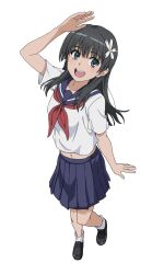  1girl :d arm_up black_hair blue_eyes blue_sailor_collar blue_skirt flower full_body hair_flower hair_ornament highres kippei loafers long_hair looking_at_viewer midriff navel neckerchief pleated_skirt red_neckerchief sailor_collar sakugawa_school_uniform salute saten_ruiko school_uniform serafuku shirt shoes short_sleeves skirt smile solo toaru_kagaku_no_railgun toaru_majutsu_no_index white_shirt 