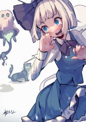  1girl black_bow black_bowtie blue_eyes blue_skirt blue_vest blush bow bowtie frills ghost_costume hairband highres konpaku_youmu konpaku_youmu_(ghost) long_sleeves medium_hair open_mouth otter otter_spirit_(touhou) scared shirt signature skirt suarokin tearing_up teeth touhou vest white_background white_hair white_shirt 