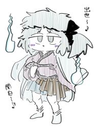  1other androgynous aodo_mikan bare_legs black_headband black_ribbon blue_eyes blue_hair blue_jacket blush_stickers brown_hakama commentary_request flute fujiwara_no_iyozane full_body hachimaki hair_ribbon hakama hakama_short_skirt hakama_skirt haori headband highres hitodama holding holding_flute holding_instrument instrument jacket jacket_on_shoulders japanese_clothes kimono knees len&#039;en looking_ahead medium_hair open_mouth other_focus purple_kimono ribbon short_hair short_side_ponytail simple_background sketch skirt smile socks solo standing translation_request white_background white_socks 