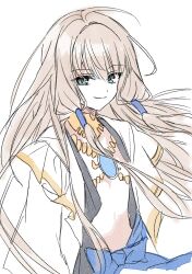  1boy androgynous blonde_hair blue_bow bow capelet closed_mouth commentary_request fate/grand_order fate_(series) floating_hair gold_necklace green_eyes hair_between_eyes hair_ornament hair_tubes highres jacket jewelry korean_commentary long_hair long_sleeves looking_at_viewer male_focus necklace noah_(fate) open_clothes open_jacket sidelocks simple_background smile solo syst098 upper_body white_background white_capelet white_jacket wide_sleeves 