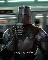  1other armor bag blurry blurry_background caption cup english_text helmet highres holding holding_cup knight motion_blur original sam_yang shoulder_bag solo subway subway_station upper_body 