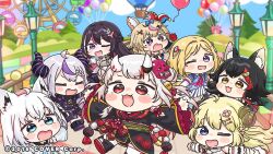  6+girls :d ahoge aircraft aki_rosenthal aki_rosenthal_(1st_costume) animal_ear_fluff animal_ears azki_(4th_costume)_(hololive) azki_(hololive) balloon black_hair black_kimono blonde_hair blue_hair blue_shirt blue_sky blurry blurry_background blush_stickers boots chibi closed_eyes clouds commentary_request day demon_horns depth_of_field detached_sleeves double_bun dress fang fangs ferris_wheel fox_ears frilled_sleeves frills grey_hair grey_jacket hair_bun hat hololive horns hot_air_balloon jacket japanese_clothes jester_cap kimono la+_darknesss la+_darknesss_(1st_costume) lamppost long_hair long_sleeves mask mask_on_head mochimiko multicolored_hair multiple_girls nakiri_ayame nakiri_ayame_(1st_costume) official_art omaru_polka omaru_polka_(1st_costume) oni oni_mask ookami_mio ookami_mio_(1st_costume) outdoors pink_dress pink_hair pleated_skirt purple_boots purple_dress purple_hair red_eyes red_hair sheep_ears sheep_girl sheep_horns shirakami_fubuki shirakami_fubuki_(1st_costume) shirt skirt sky small_sweatdrop smile streaked_hair sweat thigh-highs tilted_headwear tsunomaki_watame tsunomaki_watame_(1st_costume) two-tone_hair two_side_up very_long_hair violet_eyes virtual_youtuber wavy_mouth white_skirt white_sleeves white_thighhighs wide_sleeves wolf_ears 