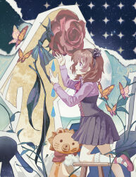  1girl :o abstract absurdres black_corset black_headband bob_cut bow bowtie brown_hair bug butterfly corset crown flower frilled_socks frills from_side headband highres jinxiaoyimeng kneehighs leg_up mary_janes mini_crown pleated_skirt profile purple_shirt reaching red_bow red_bowtie red_shoes ribbon rose sakutarou_(umineko) shirt shoes skirt socks solo stuffed_toy surreal umineko_no_naku_koro_ni ushiromiya_maria violet_eyes yellow_butterfly 