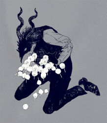  1boy body_fur flower full_body furry furry_male grey_background holding holding_flower horns kneeling male_focus nagabe sensei_(totsukuni_no_shoujo) simple_background solo totsukuni_no_shoujo vest white_flower 