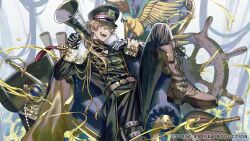  1boy :d animal_on_arm arched_crown armchair barrel belt bird bird_on_arm black_cape black_coat black_gloves black_hat black_pants boots brown_belt brown_boots brown_hair cape ch4nge_(cevio) chair cleavage_cutout clothing_cutout coat coin copyright_notice crown dolman_(jacket) fang first_stage_production fold-over_boots foot_out_of_frame fur-trimmed_cape fur_trim gale_galleon gloves gold_coin green_eyes hair_between_eyes hair_over_shoulder hat holding holding_megaphone knee_boots kura1582 lace-up_boots long_hair long_sleeves looking_at_viewer low_ponytail male_focus megaphone official_art pants parrot peaked_cap planted planted_sword ponytail pouch scroll ship&#039;s_wheel sitting_sideways sleeve_cuffs smile sword teeth telescope thigh_pouch treasure_chest two-sided_cape two-sided_fabric unworn_crown virtual_youtuber weapon yellow_cape 