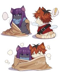  ! absurdres animal animal_ear_fluff animal_with_hair animalization antenna_hair black_hair blank_speech_bubble cat clothed_animal commentary fern_(sousou_no_frieren) highres j_humbo jacket long_hair long_sleeves looking_at_viewer no_humans pout purple_hair red_hair red_jacket scarf shared_blanket simple_background sousou_no_frieren speech_bubble spoken_exclamation_mark stark_(sousou_no_frieren) straight_hair symbol-only_commentary violet_eyes white_background 