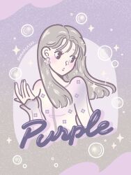  1girl 3kaku_illust ad black_eyes black_hair blush bubble butterfly_earrings choppy_bangs commentary earrings english_text floral_print from_side highres jewelry long_hair long_sleeves looking_to_the_side nail_polish original promotional_art purple_nails purple_shirt shirt shoulder_blush simple_background single_off_shoulder solo sparkle 