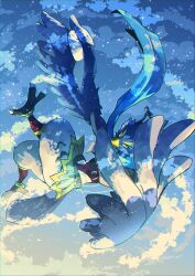  1boy absurdres beak bird_boy blue_feathers braid clouds cloudy_sky feathers flying full_body furry furry_male green_eyes highres hiymhiy looking_at_viewer monster_boy multiple_braids revali rito sky slit_pupils talons the_legend_of_zelda the_legend_of_zelda:_breath_of_the_wild thick_eyebrows wings 