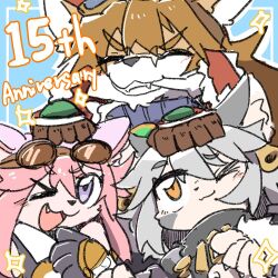  animal_ears aviator_cap bone_in_mouth capelet chocolat_gelato commentary dog_boy dog_ears dog_girl elh_melizee fur-trimmed_capelet fur-trimmed_sleeves fur_trim furry furry_female furry_male goggles goggles_on_head goggles_on_headwear little_tail_bronx red_savarin sleeveless_jumpsuit solatorobo striped_sleeves trapper_hat zyazyaburi 