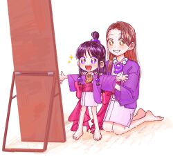  2girls :d ace_attorney aged_down barefoot bead_necklace beads black_hair brown_eyes brown_hair commentary grin hair_ornament hands_on_another&#039;s_shoulders hanten_(clothes) jacket japanese_clothes jewelry kimono kneeling light_blush magatama magatama_necklace maya_fey mia_fey mirror multiple_girls necklace obi oyoyo_pe pink_kimono purple_jacket red_sash ring_hair_ornament sash siblings sisters smile sparkle sparkling_eyes sphere_hair_ornament t-pose topknot violet_eyes 